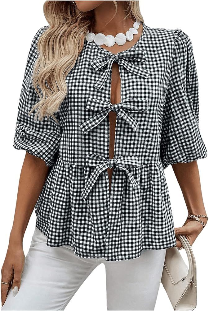 MakeMeChic Women's Lantern Sleeve Tie Neck Blouse Plaid Print Flared Hem Shirt GinghamTops | Amazon (US)