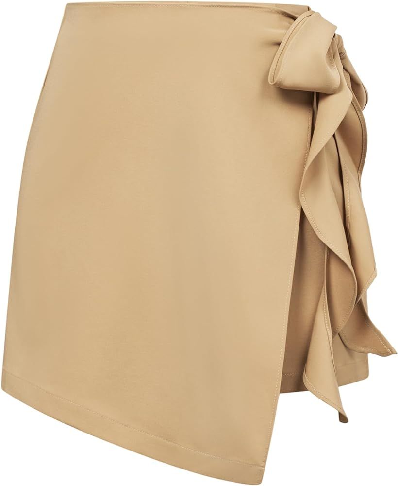 Kate Kasin Womens 2024 Trendy Wrap Mini Skirts Elastic High Waist Ruffle Tie Knot Side Solid Skor... | Amazon (US)