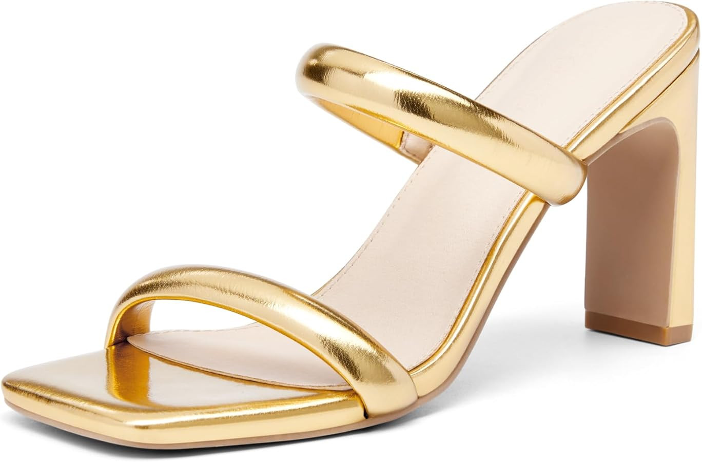 Coutgo Womens Square Open Toe Heeled Sandals Two Strap High Heel Backless Dress Slip On Mules | Amazon (US)