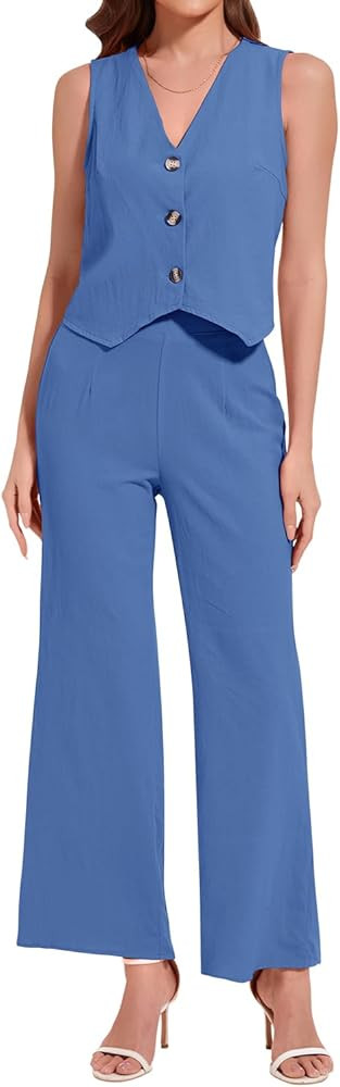 ROYLAMP Women's Summer 2 Piece Outfits Button Down V Neck Sleeveless Top High Waisted Wide Leg Pa... | Amazon (US)