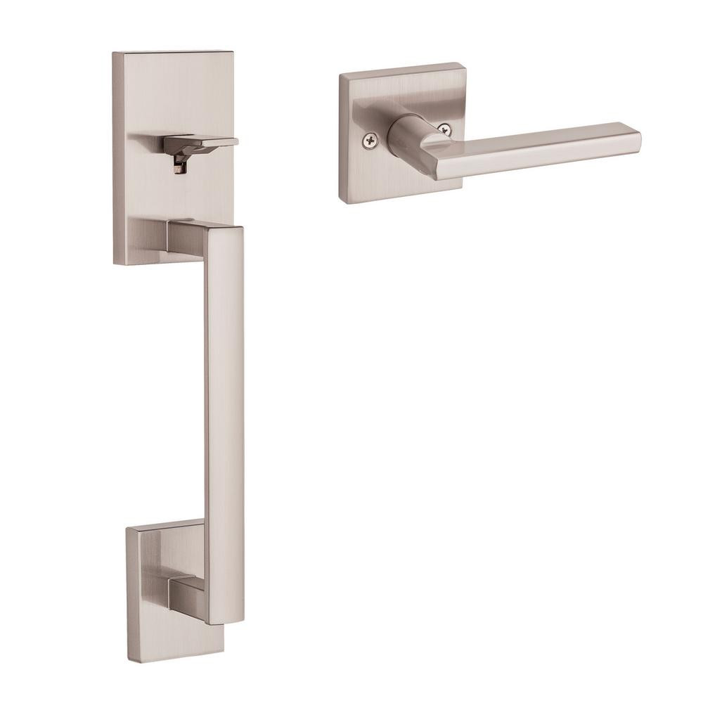 Kwikset San Clemente Satin Nickel Door Handleset with Halifax Square Door Lever with Microban Ant... | The Home Depot