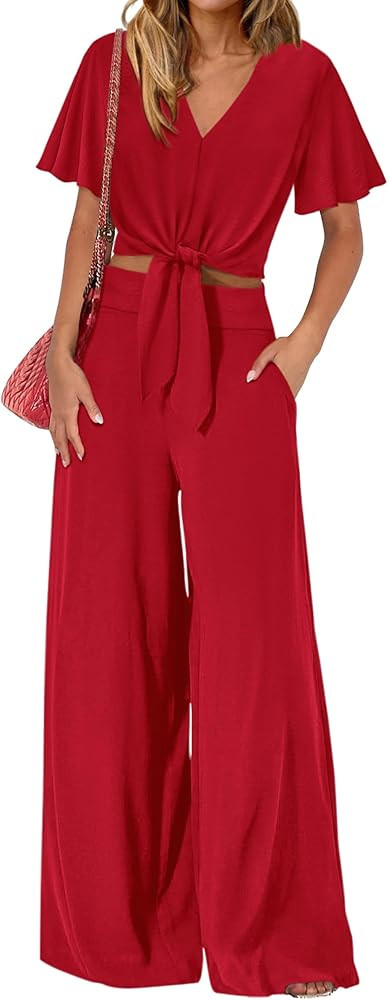 PRETTYGARDEN Women 2 Piece Summer Outfits Short Sleeve Strappy Top Wide Leg Pants Tracksuit Loung... | Amazon (US)