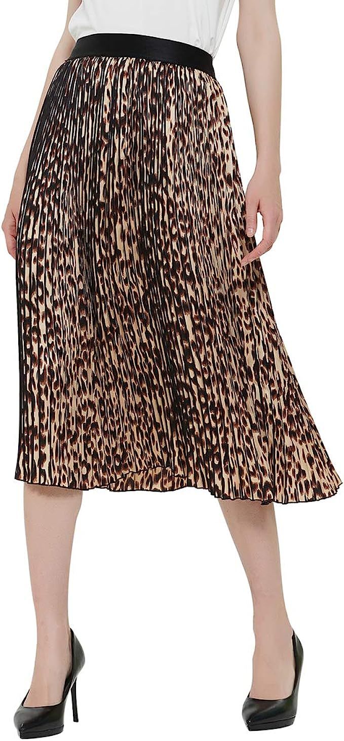 Women's Leopard Print Skirt Elastic High Waisted Chiffon A-Line Pleated Midi Swing Skirts | Amazon (US)