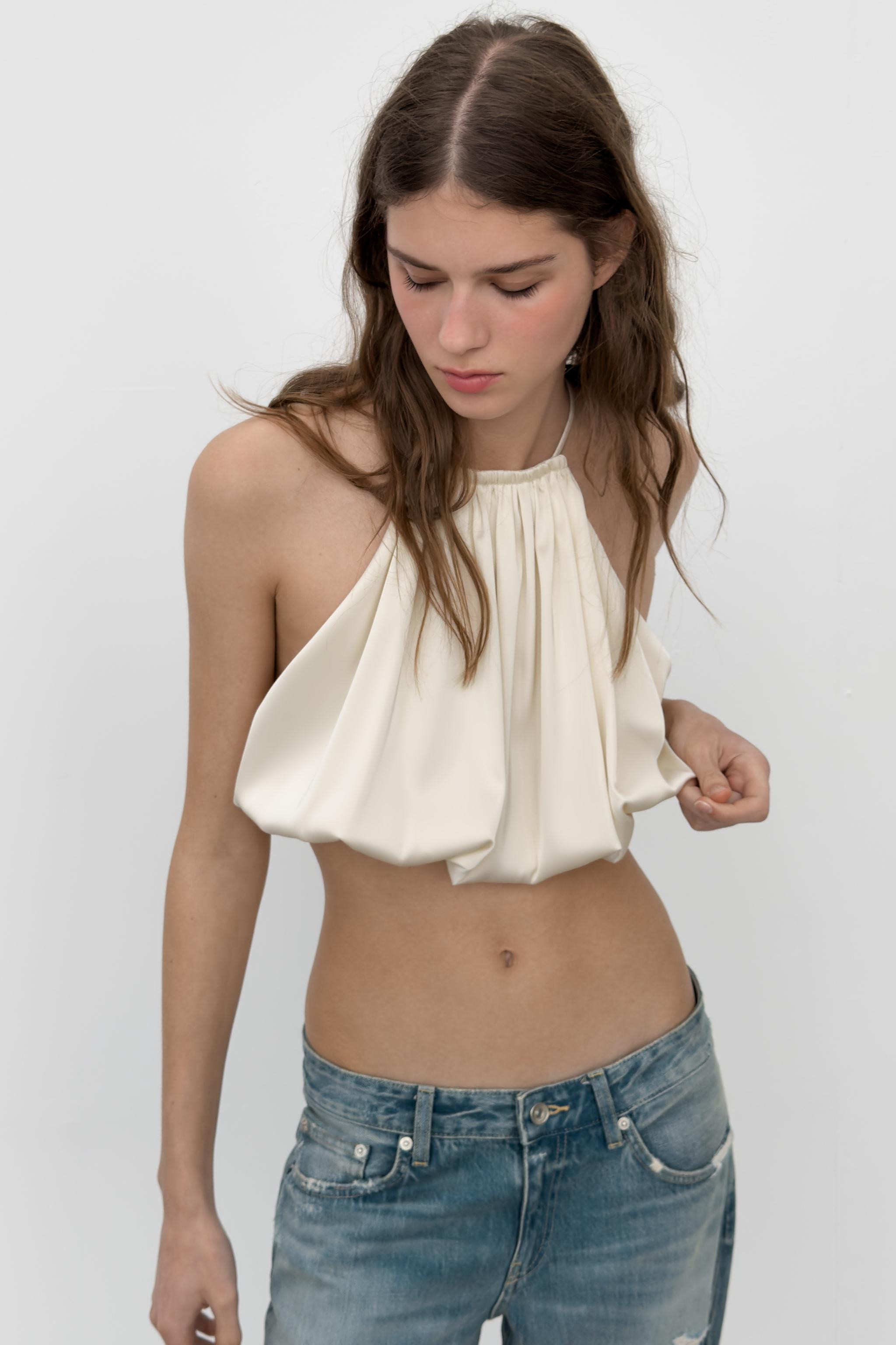 SATIN BALLOON HALTER CROP TOP | Zara US
