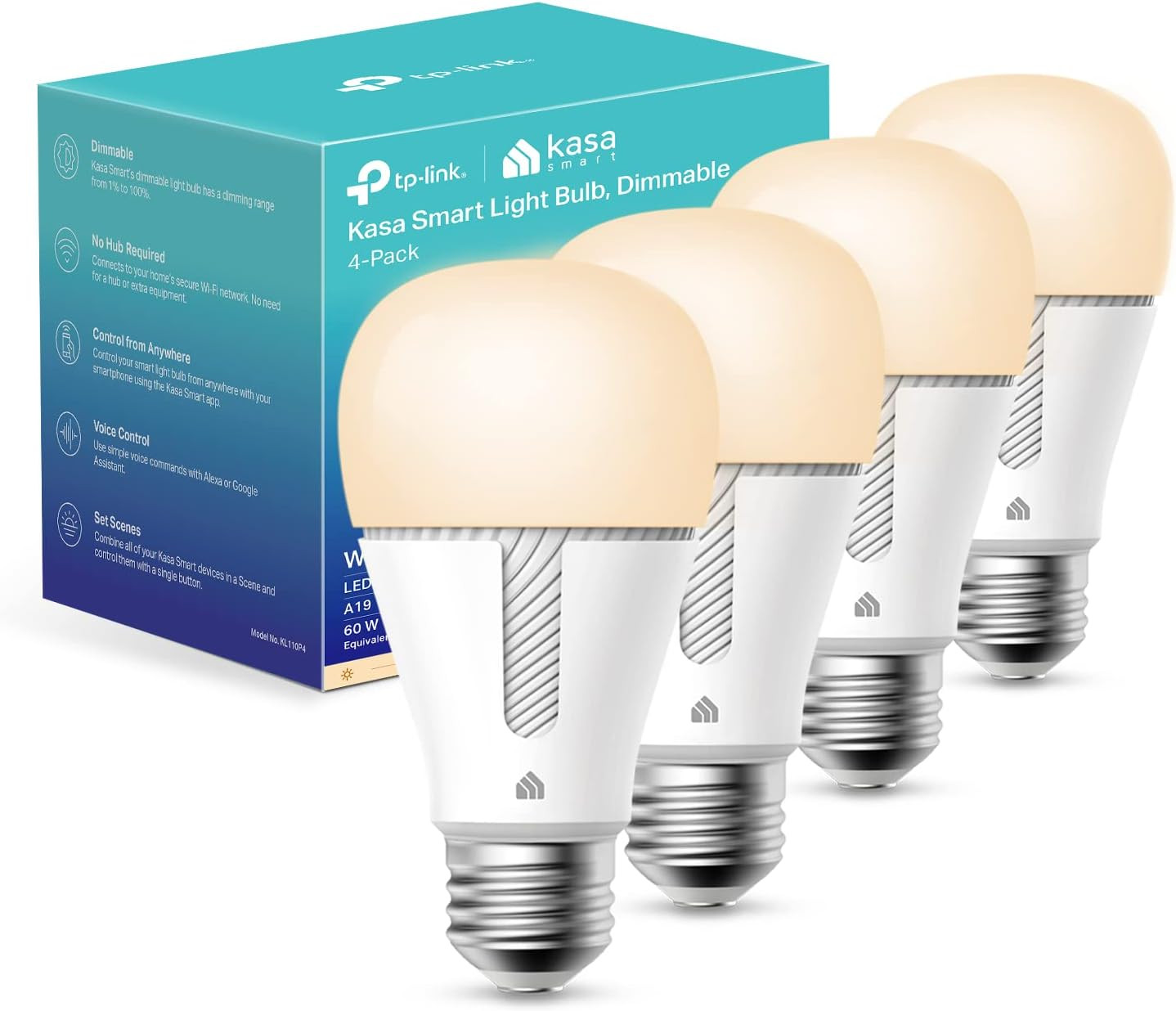 Kasa Smart Light Bulbs that works with Alexa and Google Home, Dimmable Smart LED Bulb, A19, 9W, 800Lumens, Soft White(2700K), CRI≥90, WiFi 2.4Ghz only, No Hub Required, 4 Count (Pack of 1)(KL110P4) | Amazon (US)