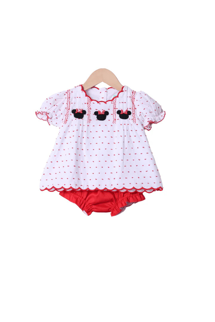 Smocked Mouse White and Red Swiss Dot Bloomer Set | The Smocked Flamingo