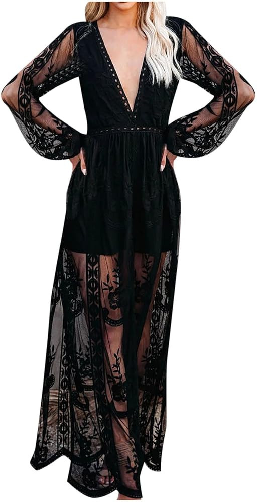 Women's Deep V Dresse, Women Lace Crochet Long Sleeve Long Dress See-Through Slit Maxi Dress for ... | Amazon (US)