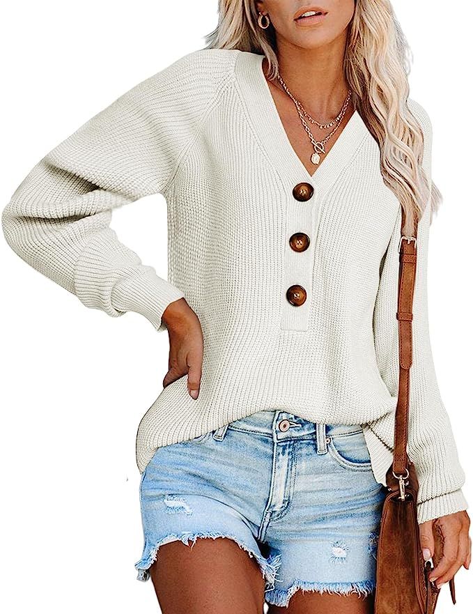 Carryvicty Womens Button Down Knitted Pullover Henley V Neck Sweaters Fall Long Sleeves Sweater | Amazon (US)