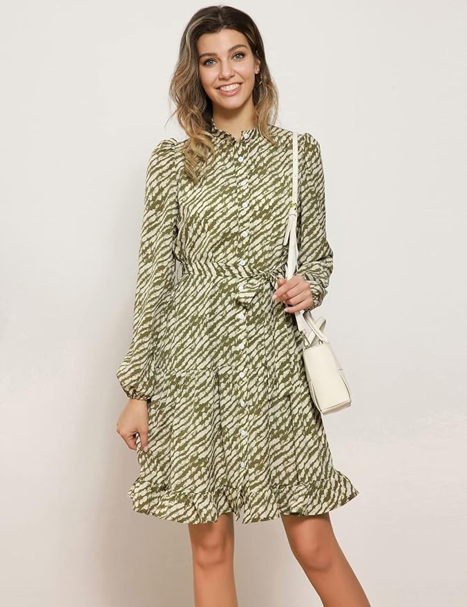 GRACE KARIN Women's Tiered Dress Casual Shirt Stand Collar Long Sleeve Dress with Belt | Amazon (US)