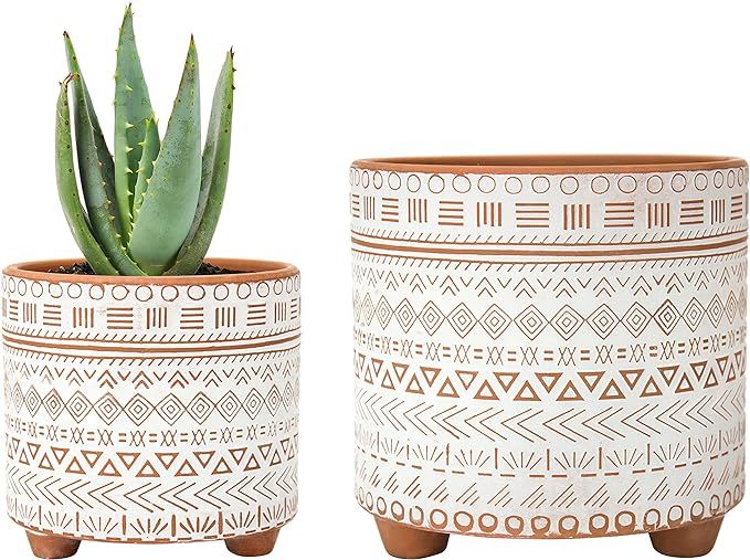 Set of 2 Terracotta Planter Pots, 4 Inch & 6 Inch, Geometric Design Plants Pot with Drainage Hole... | Amazon (US)