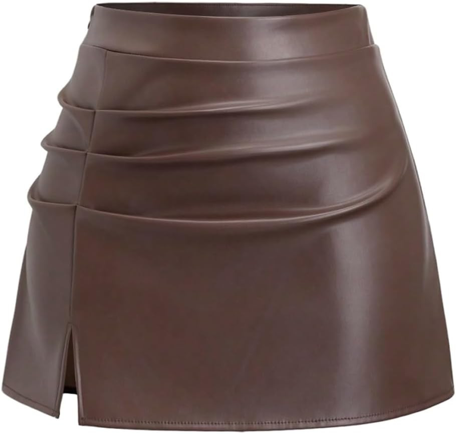 Floerns Women's PU Leather High Waist Mini Skirts Slit Hem Ruched A Line Skirt | Amazon (US)