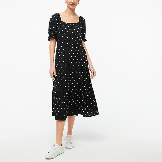 Polka-dot puff-sleeve tiered midi dress | J.Crew Factory