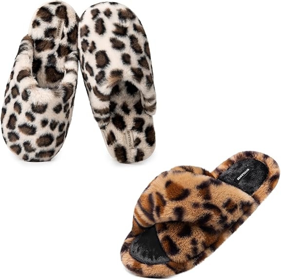 Snug Leaves Women’s Slippers of 2 Pairs - Soft Fuzzy Comfy (Size9-10, Beige) - Fluffy Cross Ban... | Amazon (US)