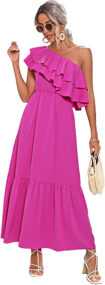 WDIRARA Women's One Shoulder Layered Ruffle Trim Sleeveless A Line Dress | Amazon (US)