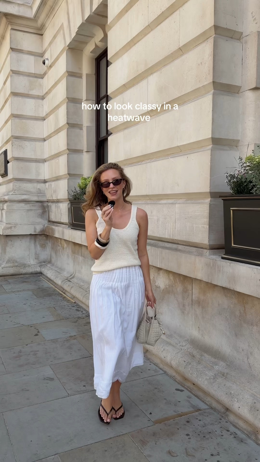 Heatwave outfit, capsule wardrobe, white maxi skirt, flip flop heels, knit top, bangles, summer outfit, London summer outfit

#LTKuk #LTKsummer #LTKstyletip