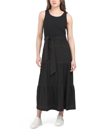 Linen Blend Maxi Dress With Tie Waist And Contrast Seams | TJ Maxx