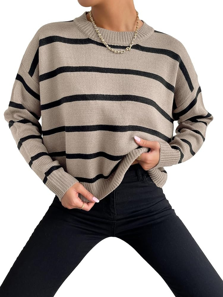 GORGLITTER Women's Striped Drop Shoulder Sweater Oversized Crew Neck Knit Sweaters Pullover Top | Amazon (US)
