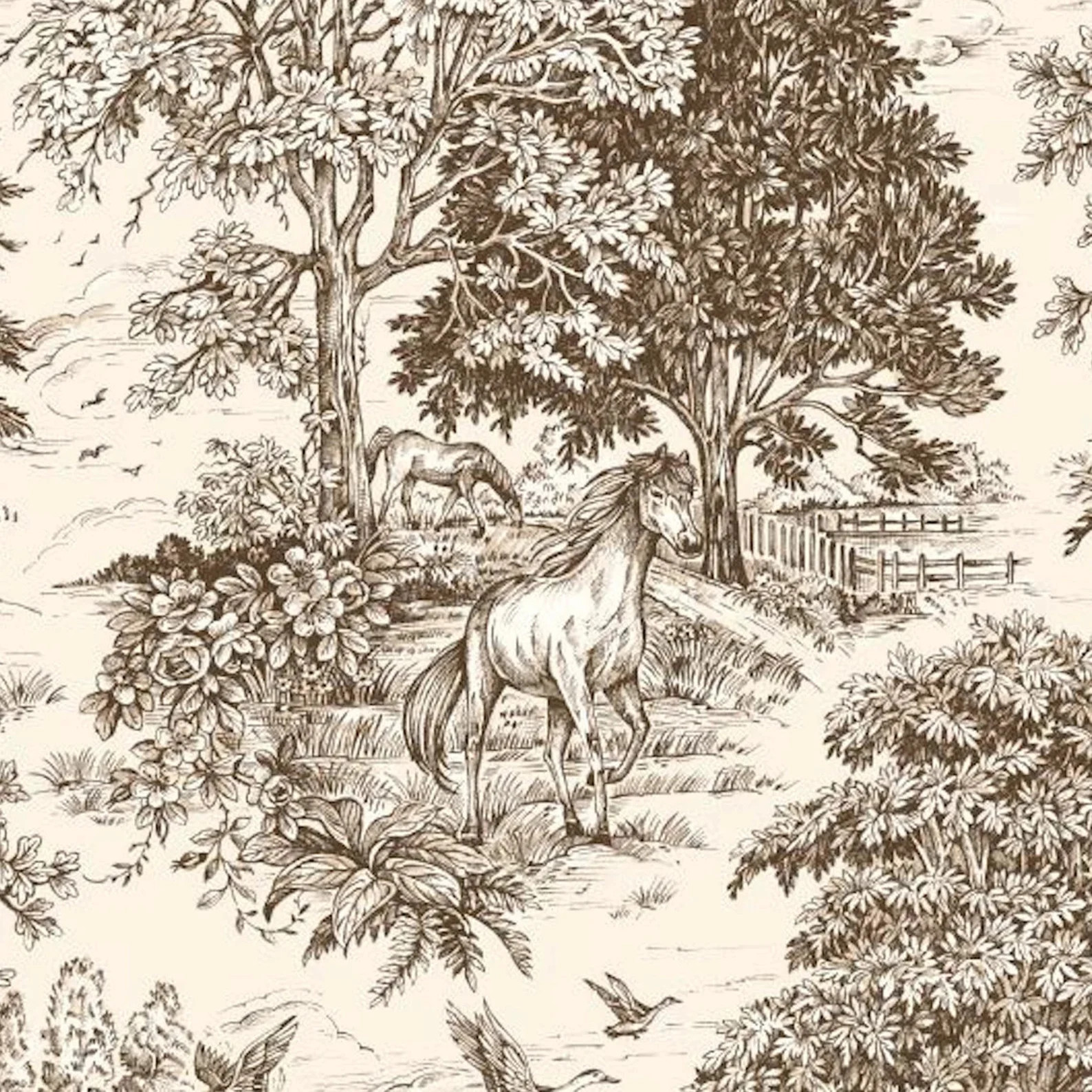 Round Tablecloth in Yellowstone Driftwood Brown Country Toile- Horses, Deer, Dogs- Large Scale | Etsy (Global)