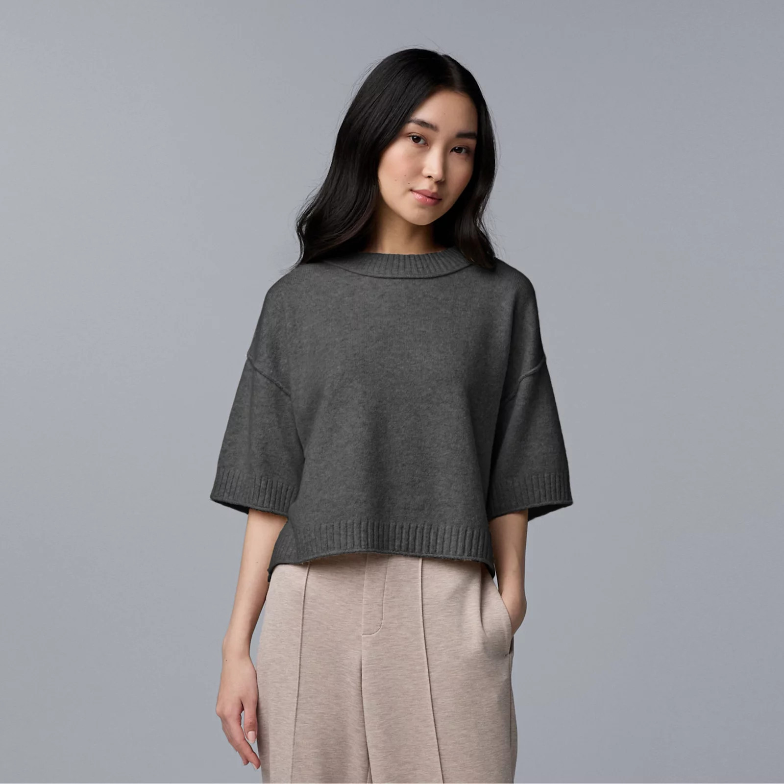 Petite Simply Vera Vera Wang Luxe Cashmere Blend Short Sleeve Sweater, Women's, Size: Small Petite, Medium Soot Grey | Kohl's
