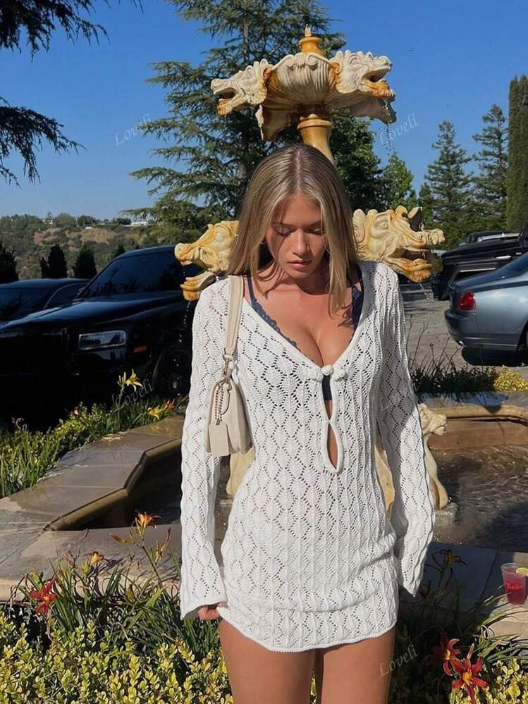 Women's Summer Vacation V-Neck Sheer Mesh Hollow Out Knot Button Crochet Long Sleeve Cover Up Sex... | SHEIN