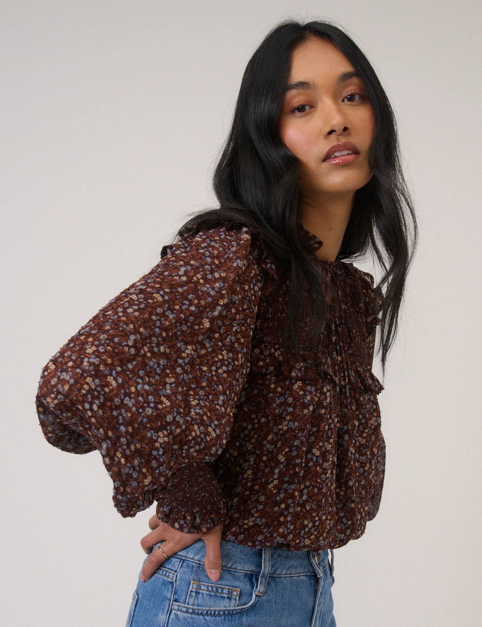 Brown Ditsy Floral Balloon Sleeve Blouse | Nobody's Child