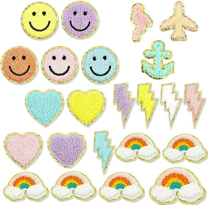23pcs 3D Iron On Patches-Chenille Smiley Sew Iron on Embroidered Patches Applique Patches Rainbow... | Amazon (US)
