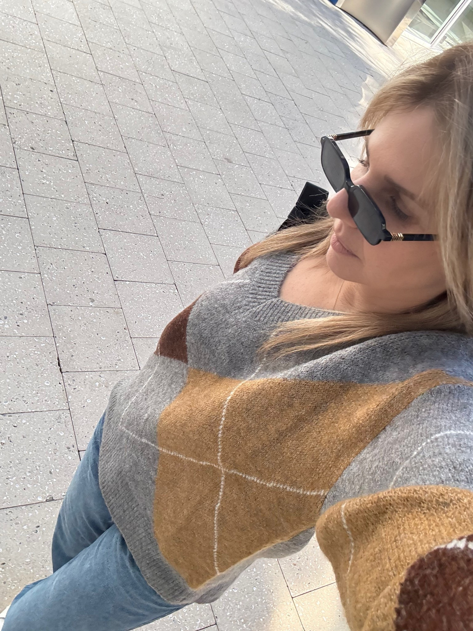 Neutral colored palette argyle v neck sweater w jeans and Miu Miu rectangle sunglasses

#LTKootd #LTKSaleAlert #LTKSeasonal