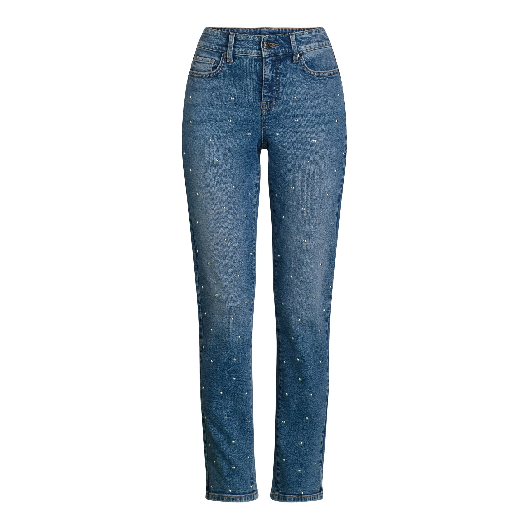 Time and Tru Women's All Over Front Studded Embellishment Straight Leg Jeans, 30” Inseam, Sizes... | Walmart (US)