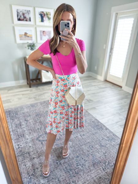 Amazon seamless tops in XS. These are double lined and not see-through. Spring outfit. Vacation outfit. Brunch outfit. Amazon floral skirt in size small, I added a safety pin in the back to tighten because it’s a little big. Amazon clear wedges are TTS.

#LTKtravel #LTKshoecrush #LTKfindsunder50