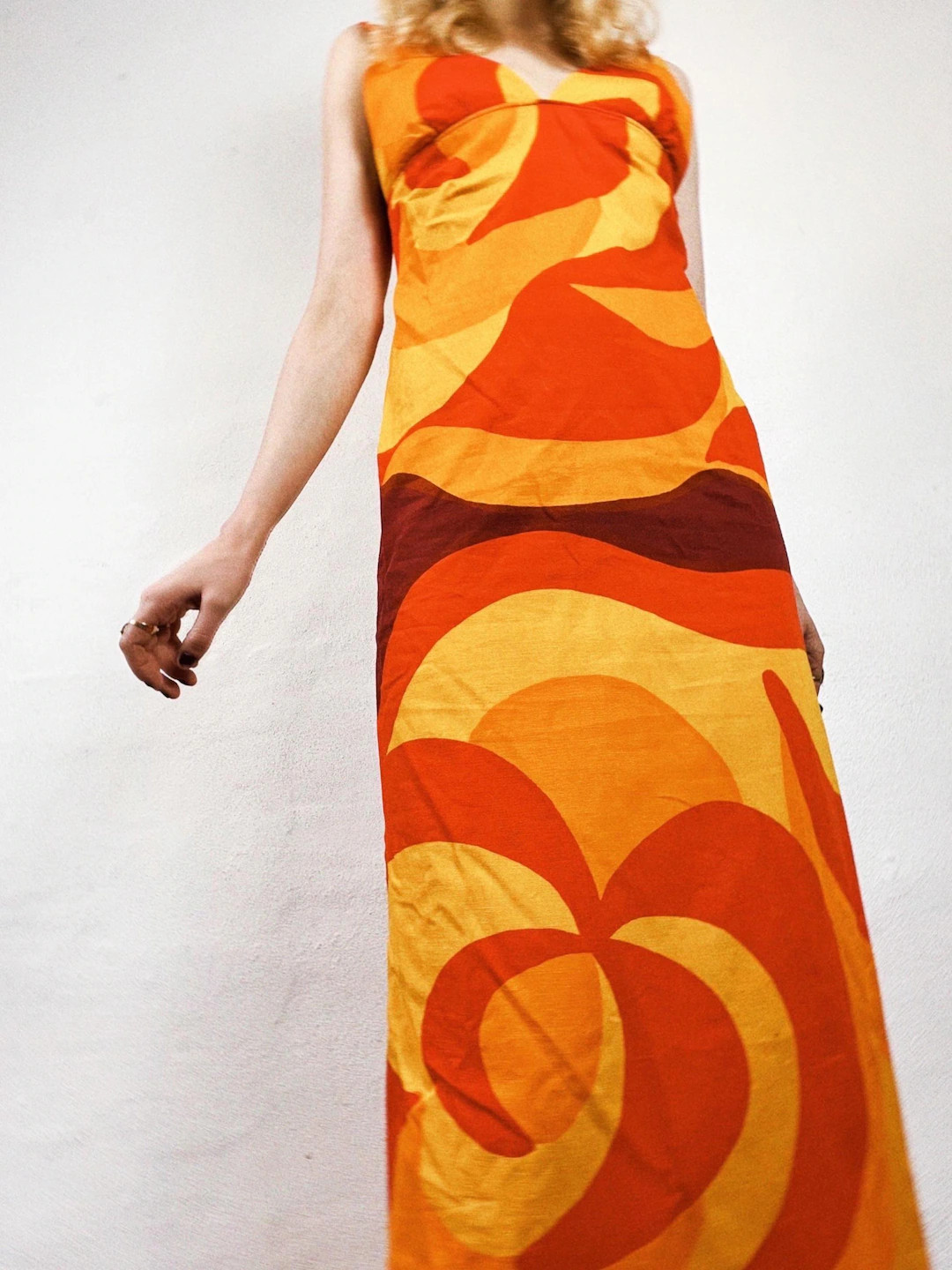 Vtg 60s Psychedelic Maxi Dress • Citrus Swirl Print • 100% Cotton • Plunge Neck • Open Ba... | Etsy (US)