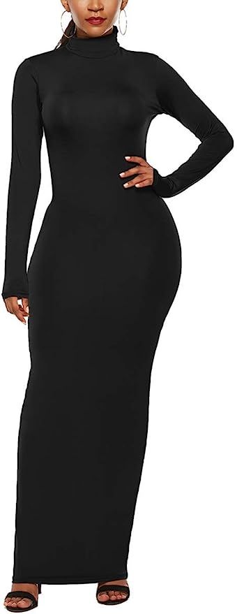 Cinyifaan Turtleneck Slim Elasticity Long Sleeve Bodycon Pencil Dress Maxi Dress for Women | Amazon (US)