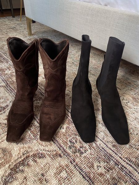 The boots pictured in the photo are Khaite and Totême. They both run TTS. I also included other options for less.