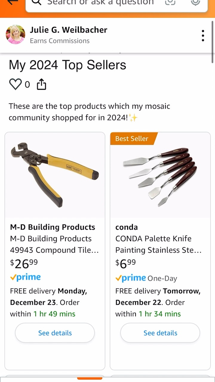 Sharing the top 25 items purchased by my mosaic and stained glass art community. ✨ These are all basics which will make your art journey easier. ✨ For mosaic tips, tutorials, inspiration, and so much more please visit my YouTube channel: YouTube.com/julieweilbacher. Follow @julieweilbacher on Instagram for all things mosaic art. palette knife - mosaic - stained glass - non slip ruler - gifts for crafters - dental picks - tweezers - mosaic tile - mosaics

#LTKWatchNow #LTKGiftGuide #LTKHome