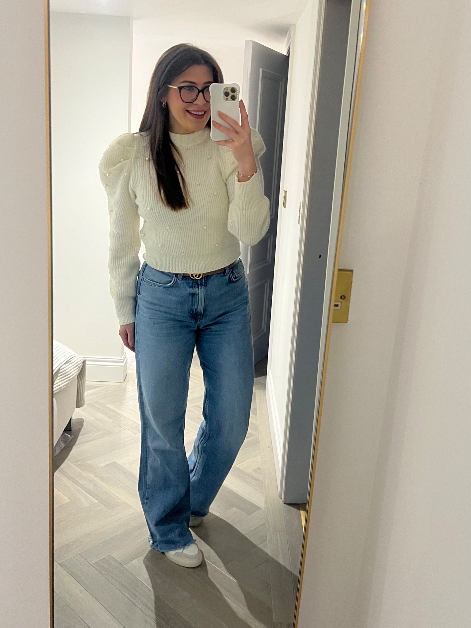 River island Pearl Knit Jumper
Zara Jeans 
Gucci belt
Axel Arigato trainers 
Astrid & Miyu earrings 

#LTKuk #LTKmidsize #LTKworkwear