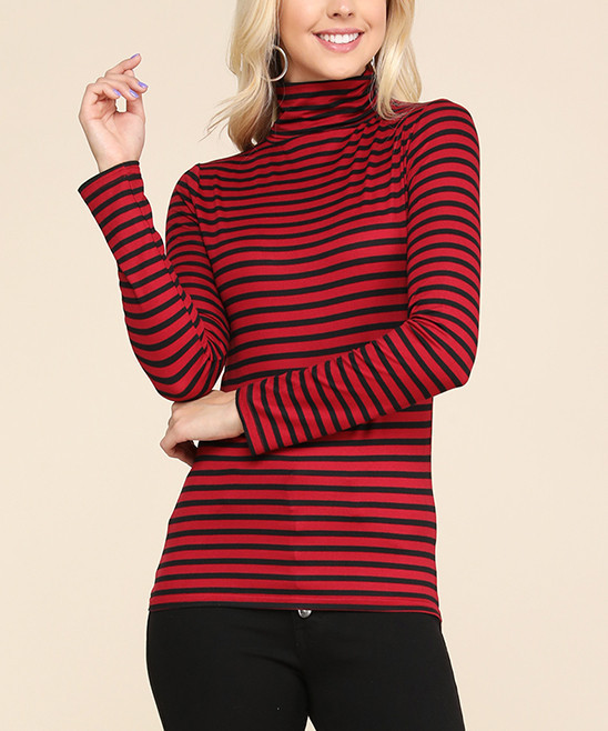 Doublju Women's Turtlenecks REDBLACKST - Red & Black Stripe Shirred Turtleneck - Women & Plus | Zulily