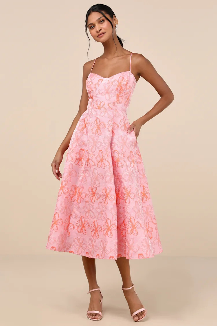 Meet for Tea Pink Jacquard Bustier Midi Dress With Pockets | Lulus