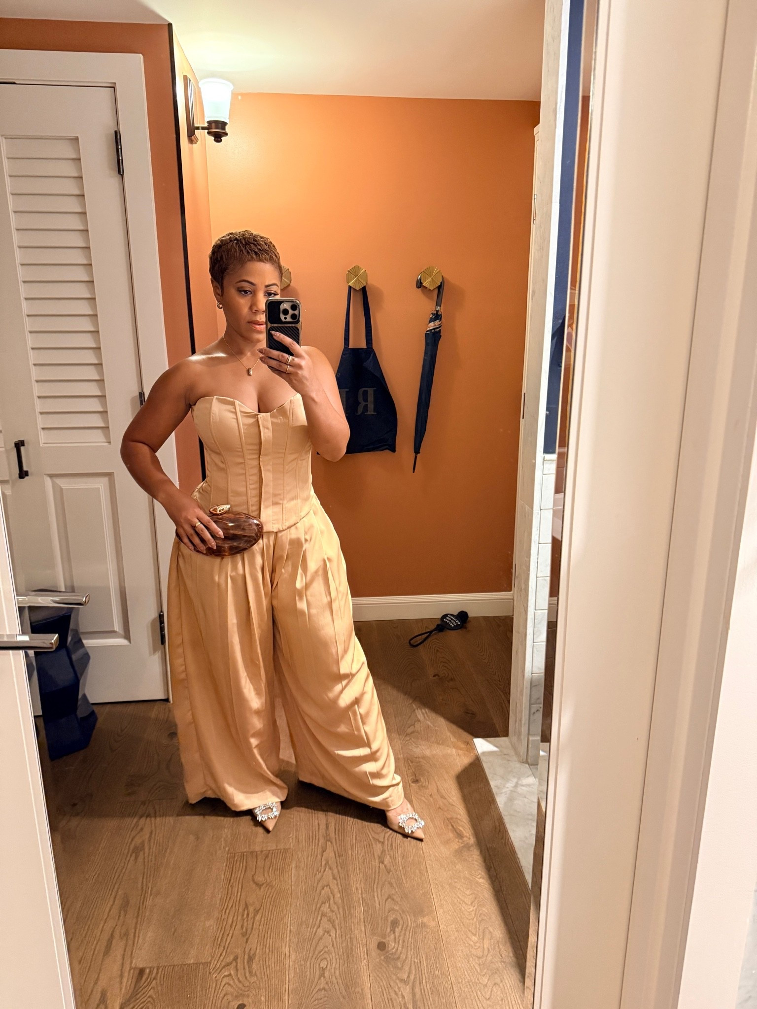 Champagne satin bustier and pleated pant