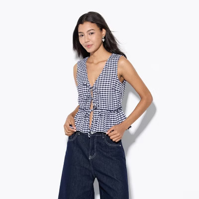 Women's Tie-Front Ruffle Vest - Wild Fable™ Navy Blue Gingham L | Target