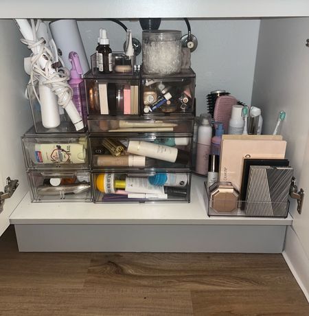Small space under sink organization! Small drawer organizers will be your best friend. Stack drawer units, then add open top units you can reach directly into on top. Turning organizers are great for bottles and products like brushes, hair spray, dry shampoo, sunscreen etc 

#LTKBacktoSchool #LTKfamily #LTKhome