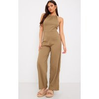 Taupe Textured Halterneck Low Back Jumpsuit | PrettyLittleThing US