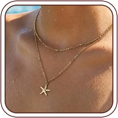 Starfish Necklace Beach Summer Layered Necklaces for Women Non Tarnish Waterproof 14K Gold Plated... | Amazon (US)