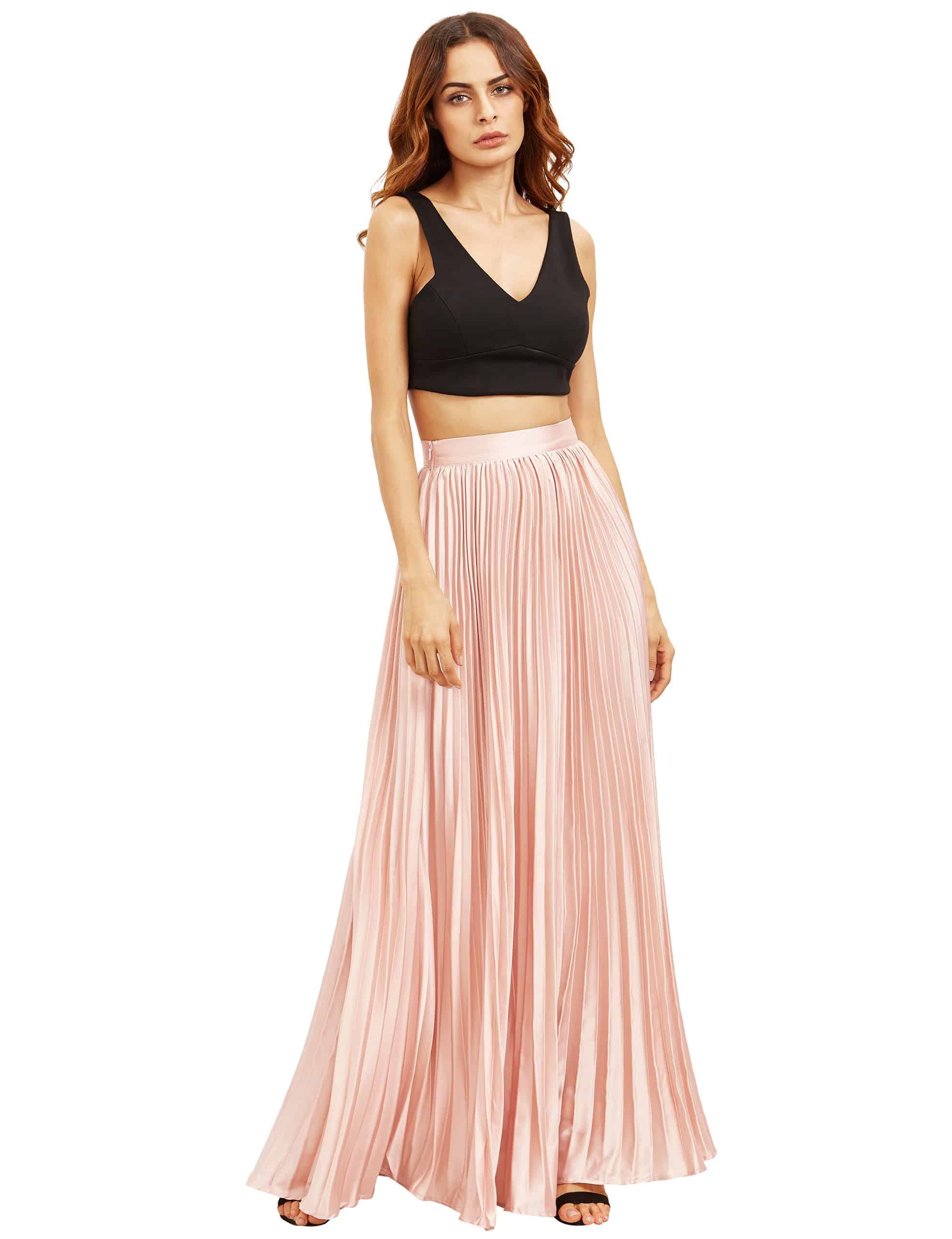 Pink Pleated Maxi Skirt | ROMWE