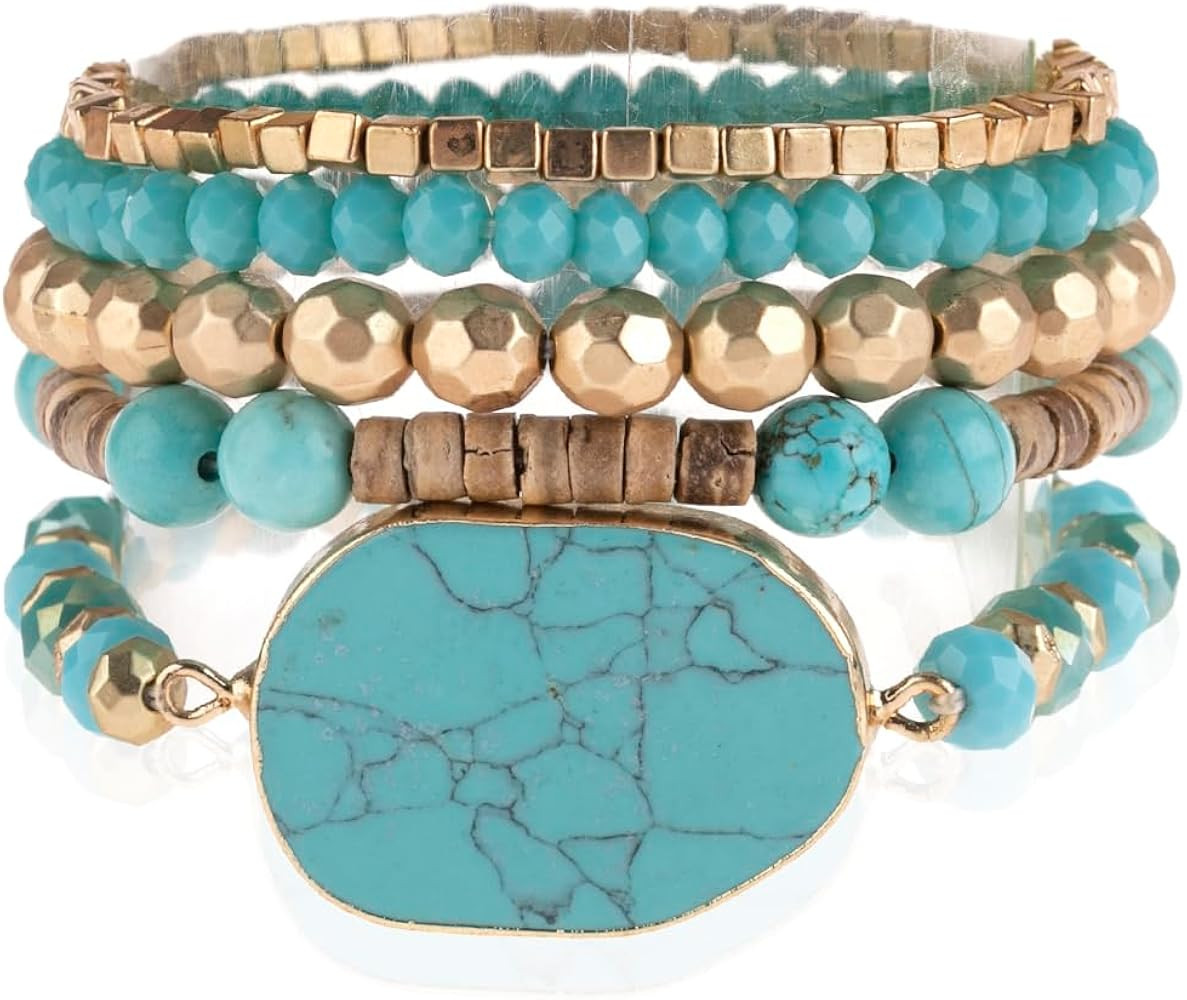 RIAH FASHION Bohemian Multi Layer Beaded Strand Stack Bracelets - Sparkly Crystal, Natural Stone ... | Amazon (US)