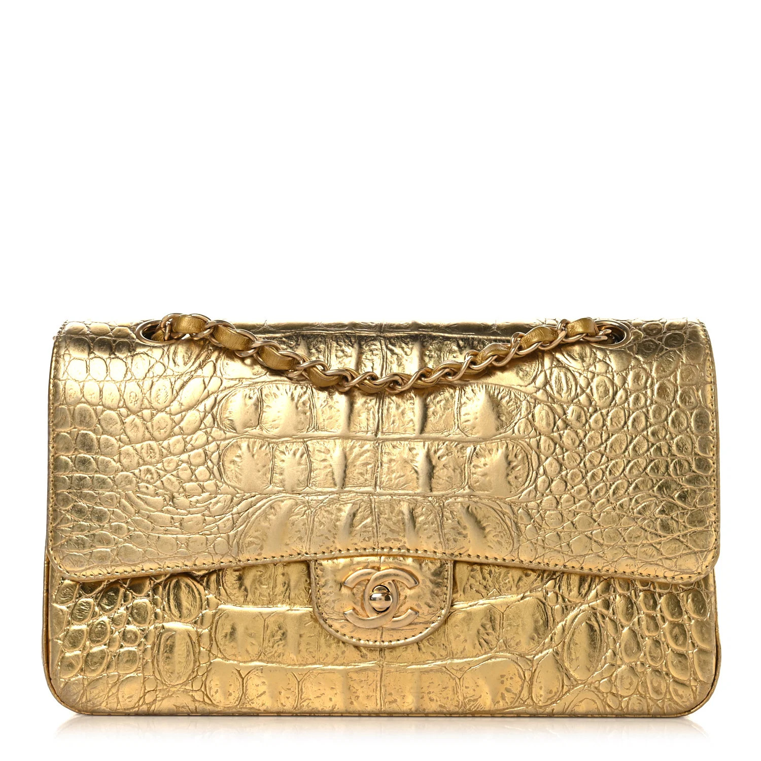 Metallic Calfskin Crocodile Embossed Cocodile Medium Double Flap Gold | FASHIONPHILE (US)