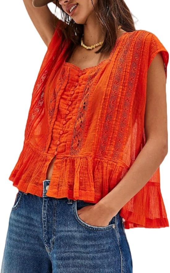 Women Lace Flowy Peplum Tops Boho Bow Tie Front Western Shirts Beach Sheer Ruffle Trim Short Slee... | Amazon (US)