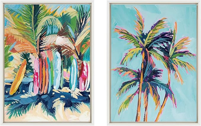Kate and Laurel Sylvie Surf and Sand and Tropical Palms Study Framed Canvas Wall Art Set by Rache... | Amazon (US)