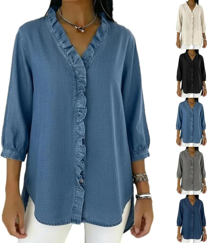 2026 Women's Casual Denim V-Neck Ruffled Shirt Blouse V Neck 3/4 Sleeve Ruffled Edge Jean Blouses... | Amazon (CA)