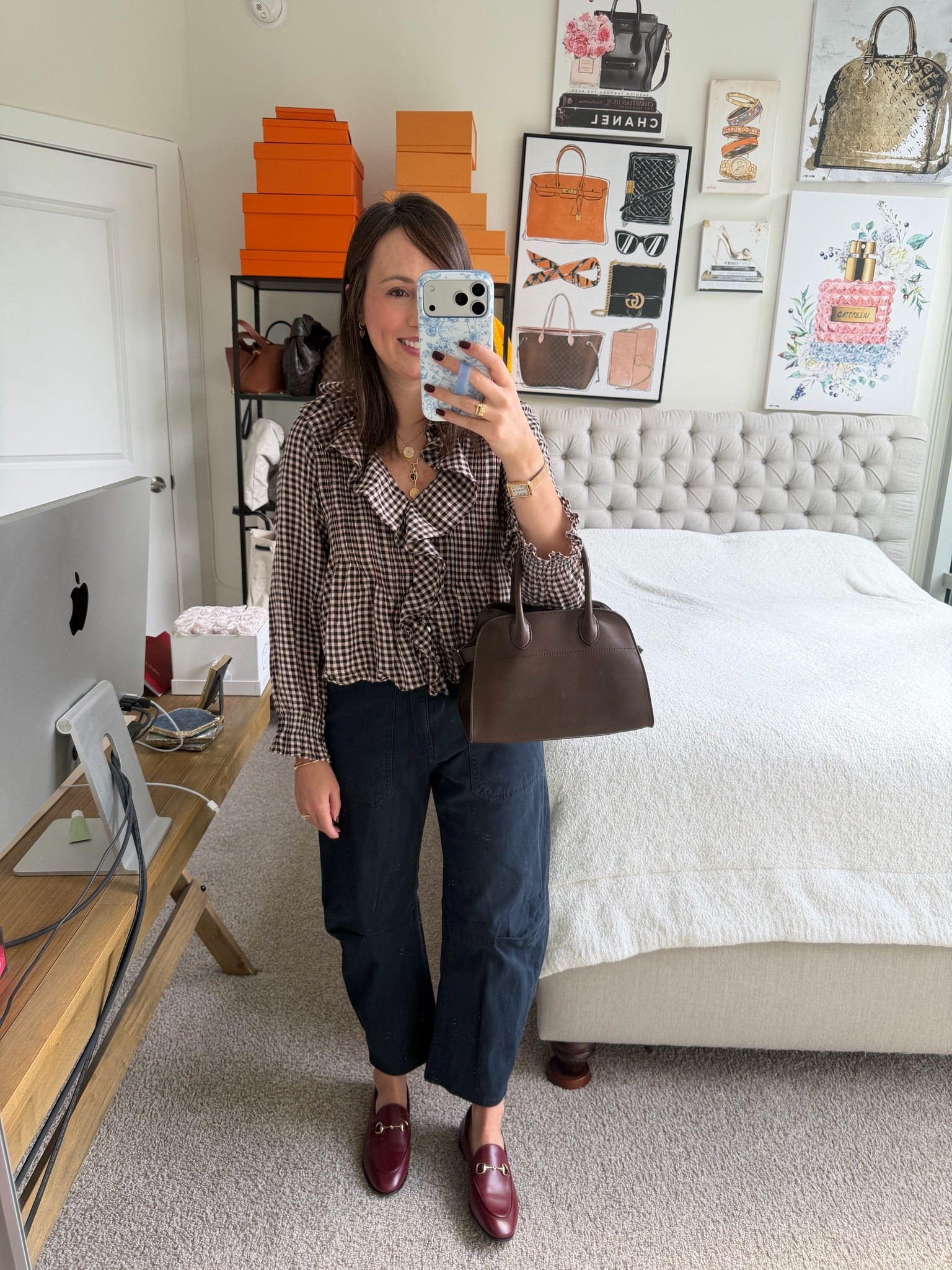 Fall outfit with doen top and barrel leg jeans