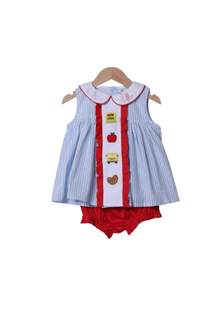 French Knot School Blue Pinstripe Red Ruffle Bloomer Set | The Smocked Flamingo