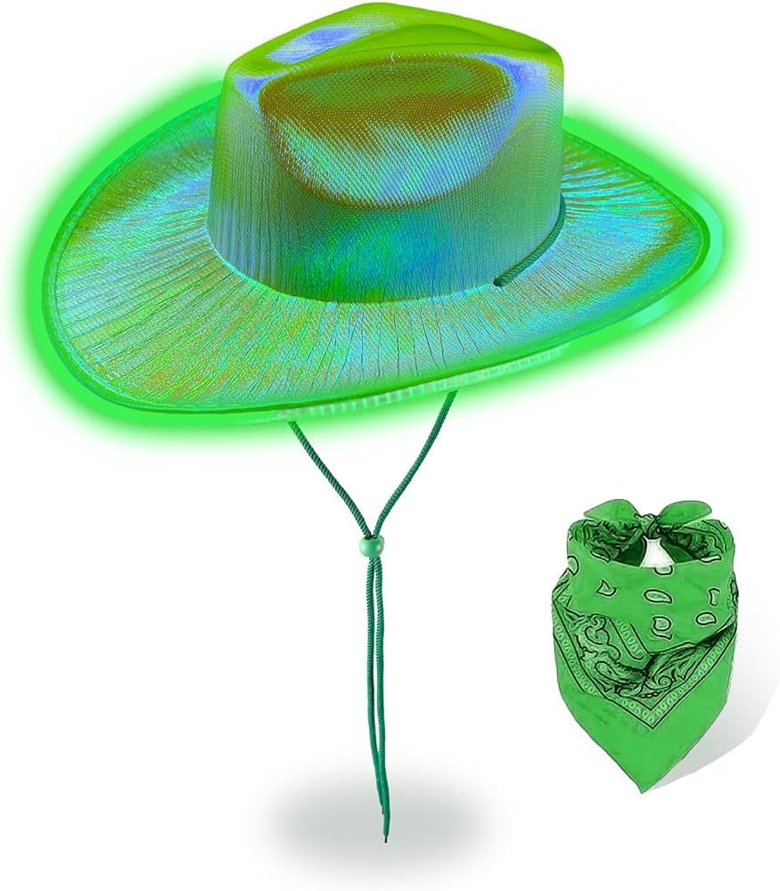 Light up Cowboy Hat Green Space Cowgirl Hat with Bandana, Women Neon Sparkly Cowboy Hat Iridescen... | Amazon (US)